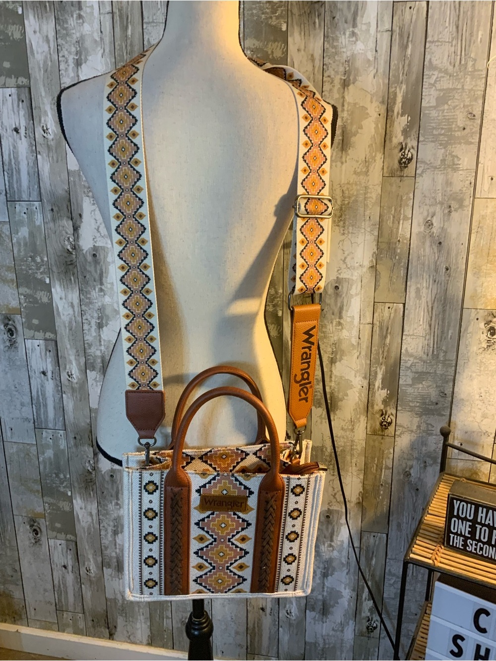 Wrangler White and Tan Embroidered Geometric Tote with Detachable Strap